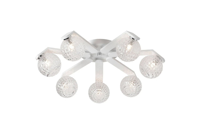 Bellingham Flush Ceiling, 8 x G9, IP44, White/Polished Chrome/Clear Cross Pattern Round Glass