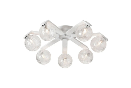 Bellingham Flush Ceiling, 8 x G9, IP44, White/Polished Chrome/Clear Dune Effect Round Glass