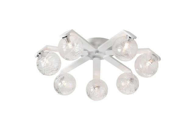 Bellingham Flush Ceiling, 8 x G9, IP44, White/Polished Chrome/Clear Dune Effect Round Glass