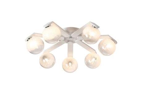 Bellingham Flush Ceiling, 8 x G9, IP44, White/Polished Chrome/White Two-Tone Snow Specks Round Glass