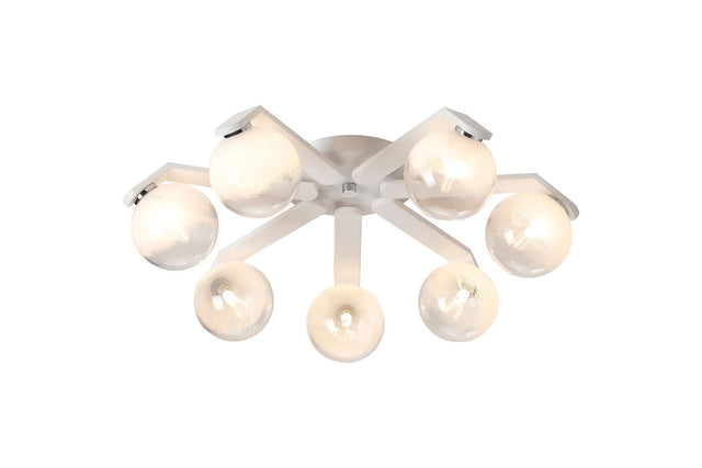 Bellingham Flush Ceiling, 8 x G9, IP44, White/Polished Chrome/White Two-Tone Snow Specks Round Glass