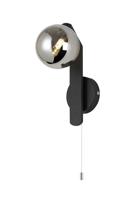 Bellingham Pull Switch Wall Light, 1 x G9, IP44, Black/Polished Chrome/Smoke Smooth Round Glass