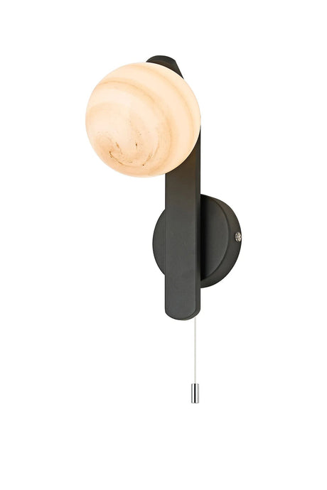 Bellingham Pull Switch Wall Light, 1 x G9, IP44, Black/Polished Chrome/Brown Round Marble Effect Glass