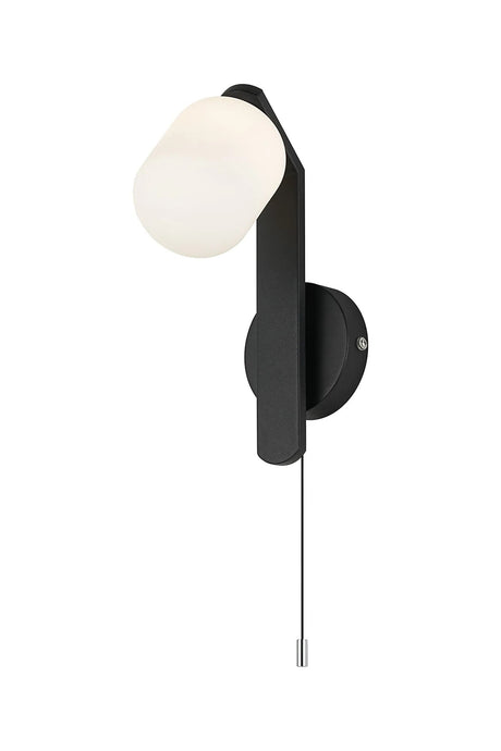 Bellingham Pull Switch Wall Light, 1 x G9, IP44, Black/Polished Chrome/Opal Smooth Tubular Glass