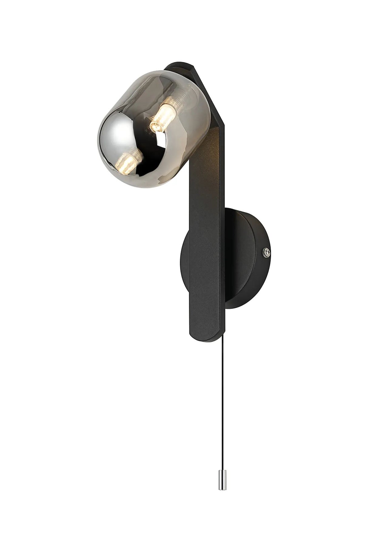 Bellingham Pull Switch Wall Light, 1 x G9, IP44, Black/Polished Chrome/Smoke Smooth Tubular Glass