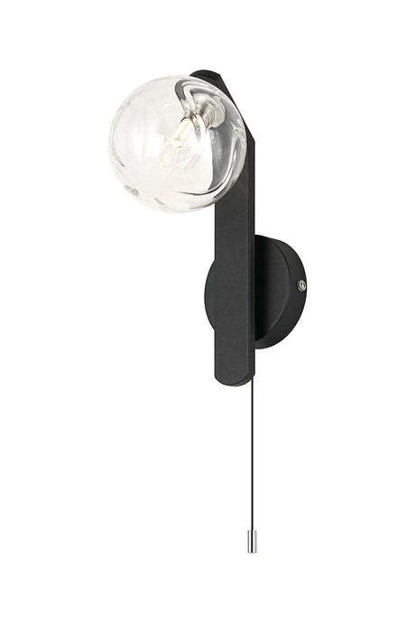Bellingham Pull Switch Wall Light, 1 x G9, IP44, Black/Polished Chrome/Clear Waved Round Glass