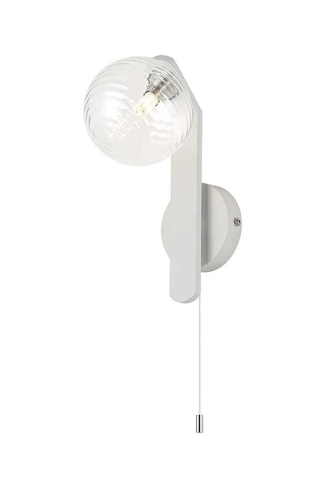Bellingham Pull Switch Wall Light, 1 x G9, IP44, White/Polished Chrome/Clear Ribbed Round Glass