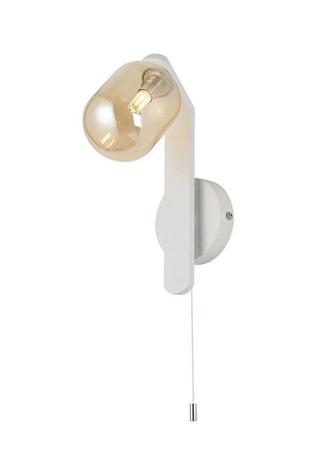 Bellingham Pull Switch Wall Light, 1 x G9, IP44, White/Polished Chrome/Amber Smooth Tubular Glass