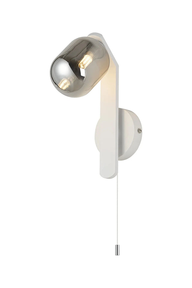 Bellingham Pull Switch Wall Light, 1 x G9, IP44, White/Polished Chrome/Smoke Smooth Tubular Glass