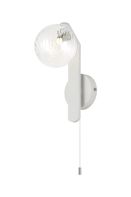 Bellingham Pull Switch Wall Light, 1 x G9, IP44, White/Polished Chrome/Clear Swirl Round Glass