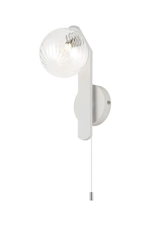 Bellingham Pull Switch Wall Light, 1 x G9, IP44, White/Polished Chrome/Clear Swirl Round Glass