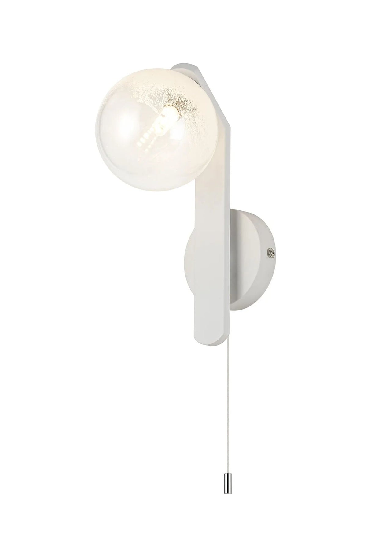 Bellingham Pull Switch Wall Light, 1 x G9, IP44, White/Polished Chrome/White Two-Tone Snow Specks Round Glass