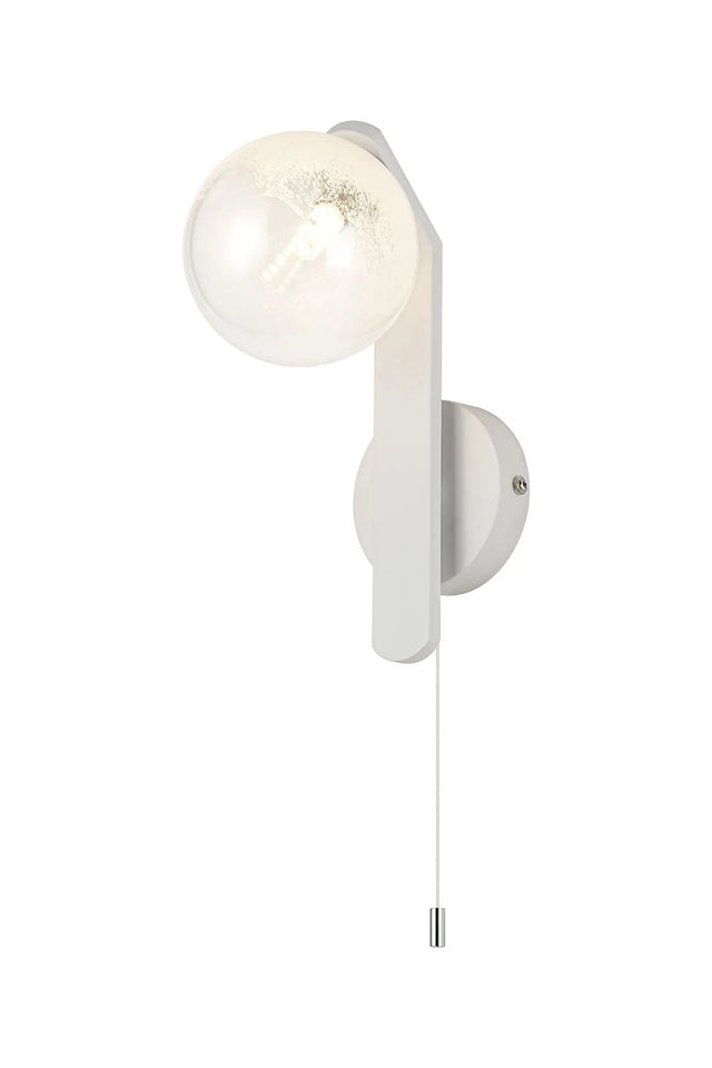 Bellingham Pull Switch Wall Light, 1 x G9, IP44, White/Polished Chrome/White Two-Tone Snow Specks Round Glass