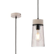 Berry 1 Light Pendant E27, With Small Cylindrical Smoke Cone Glass, Matt Black/Concrete/Smoke/Black Fabric
