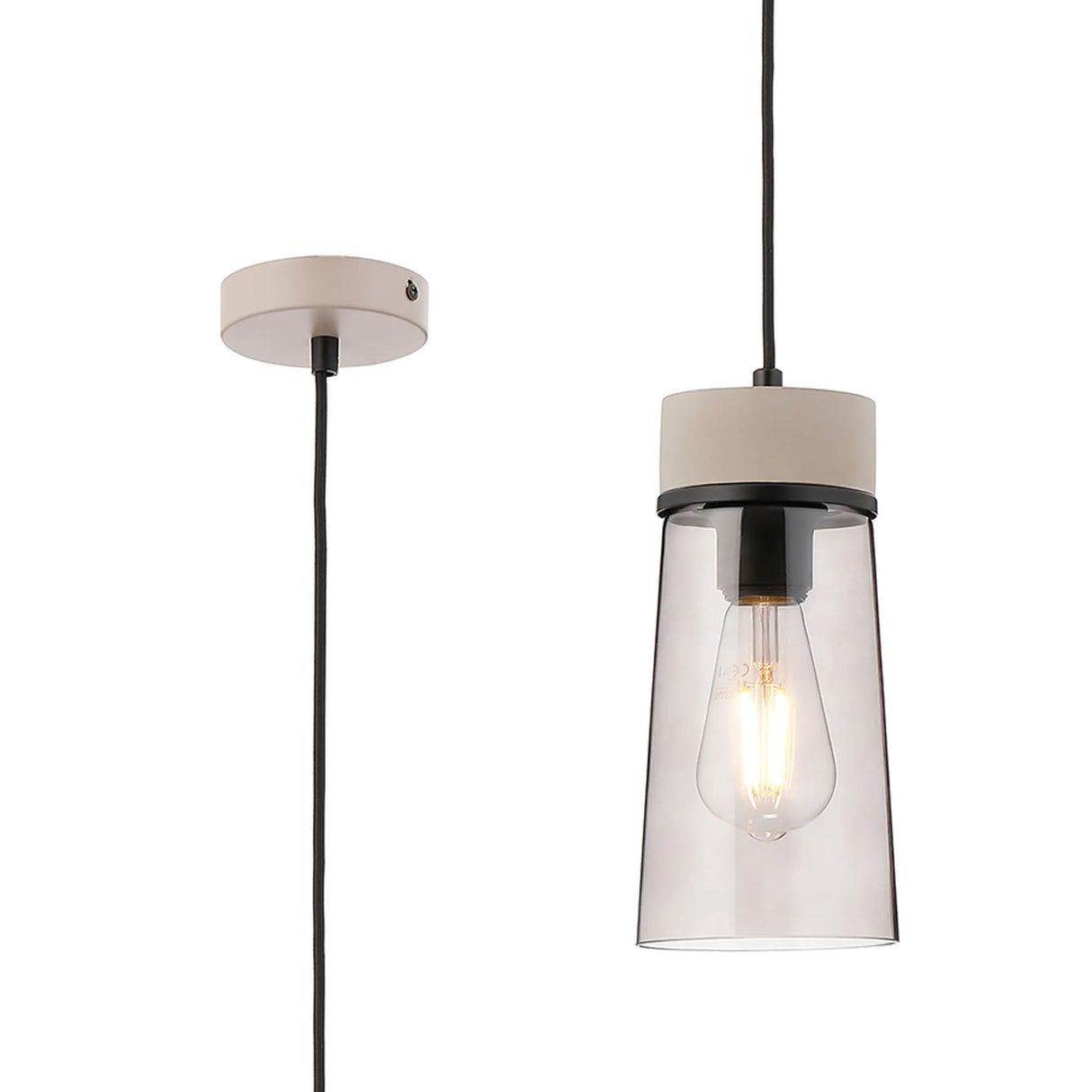 Berry 1 Light Pendant E27, With Small Cylindrical Smoke Cone Glass, Matt Black/Concrete/Smoke/Black Fabric