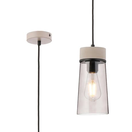 Berry 1 Light Pendant E27, With Small Cylindrical Smoke Cone Glass, Matt Black/Concrete/Smoke/Black Fabric