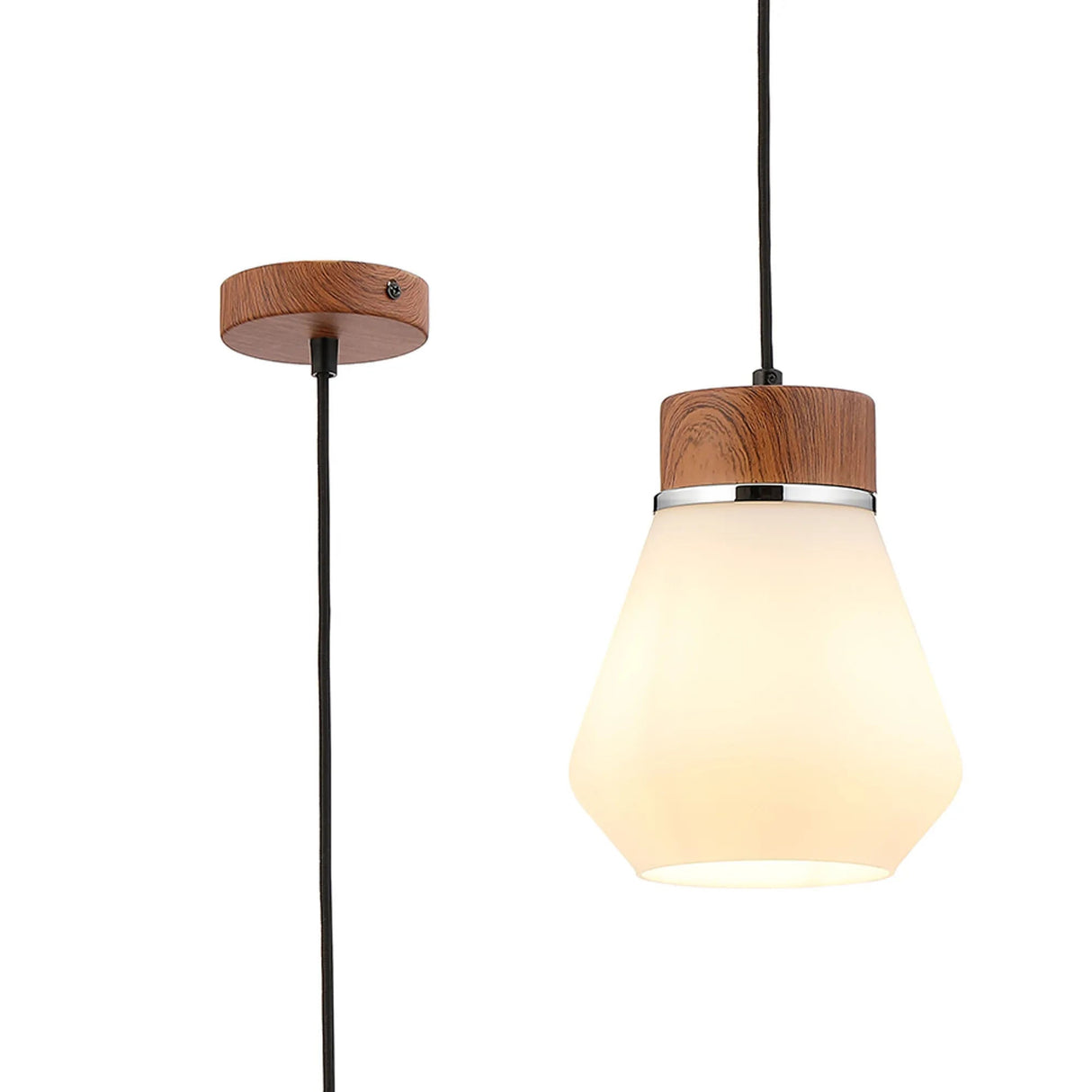 Berry 1 Light Pendant E27, Withe Opal Glass Walnut/Opal/Matt Black/Black Fabric