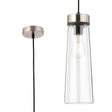 Berry 1 Light Pendant E27, With Large Clear Cylindrical Cone Glass Satin Nickel/Clear/Black Fabric
