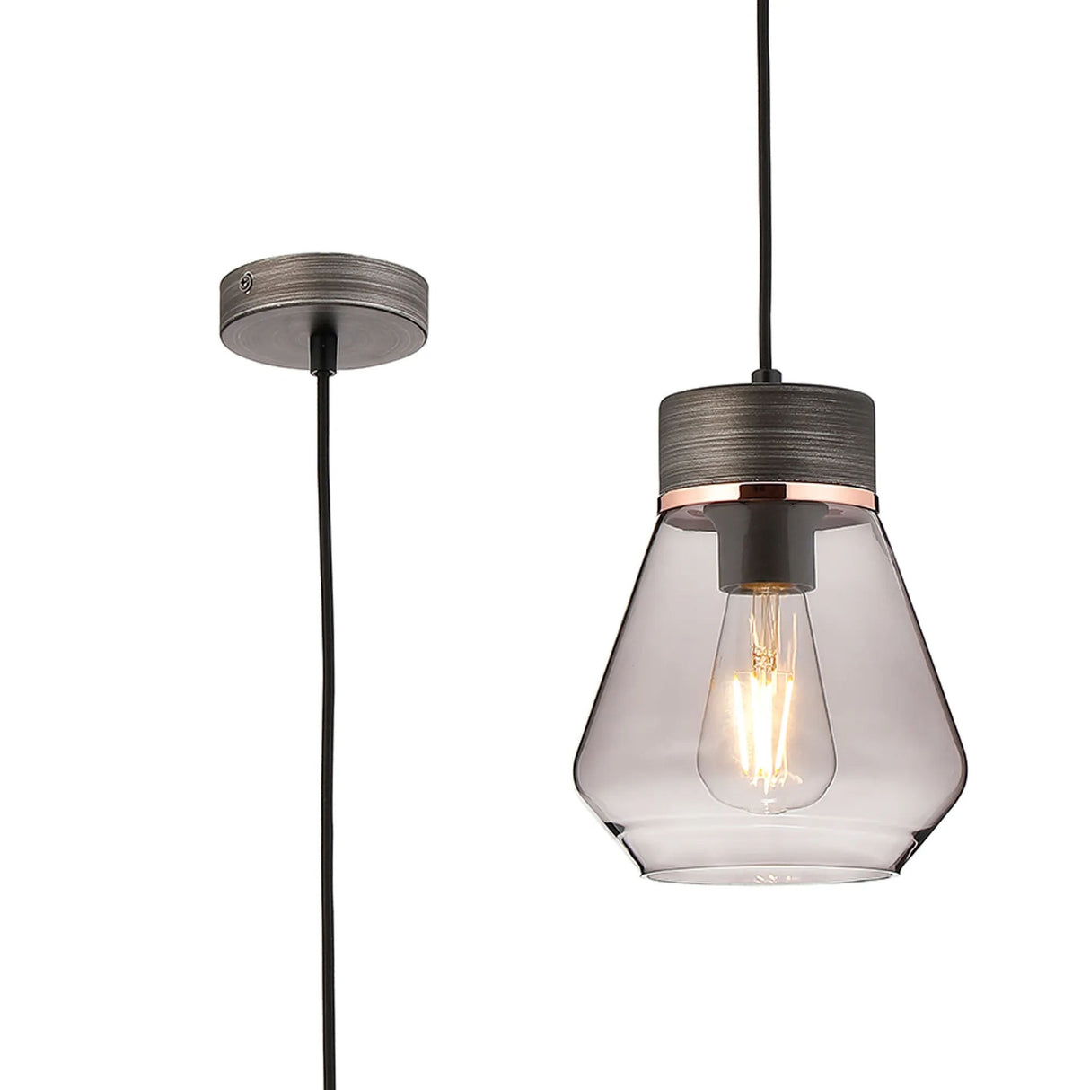Berry 1 Light Pendant E27, Withe Smoke Glass Aged Pewter/Smoke/Black Fabric
