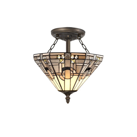 Bould 2 x E27 Semi Flush With Tiffany Shade 30cm Shade, White/Grey/Black/Clear Crystal/Aged Antique Brass