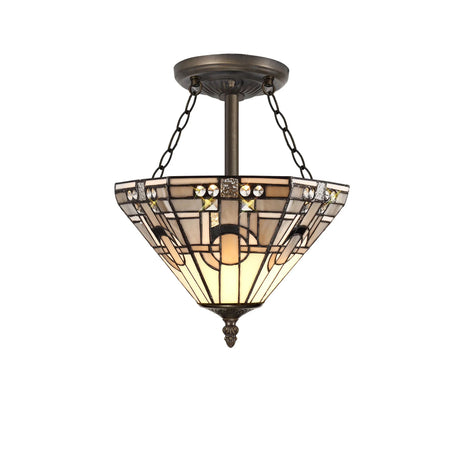 Bould 3 x E27 Semi Flush With Tiffany Shade 30cm Shade, White/Grey/Black/Clear Crystal/Aged Antique Brass