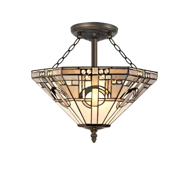 Bould 3 x E27 Semi Flush With Tiffany Shade 40cm Shade, White/Grey/Black/Clear Crystal/Aged Antique Brass