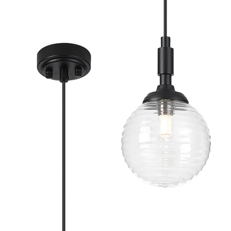 Bowles Pendant 1 Light IP44 Satin Black/Clear Ribbed Round Glass