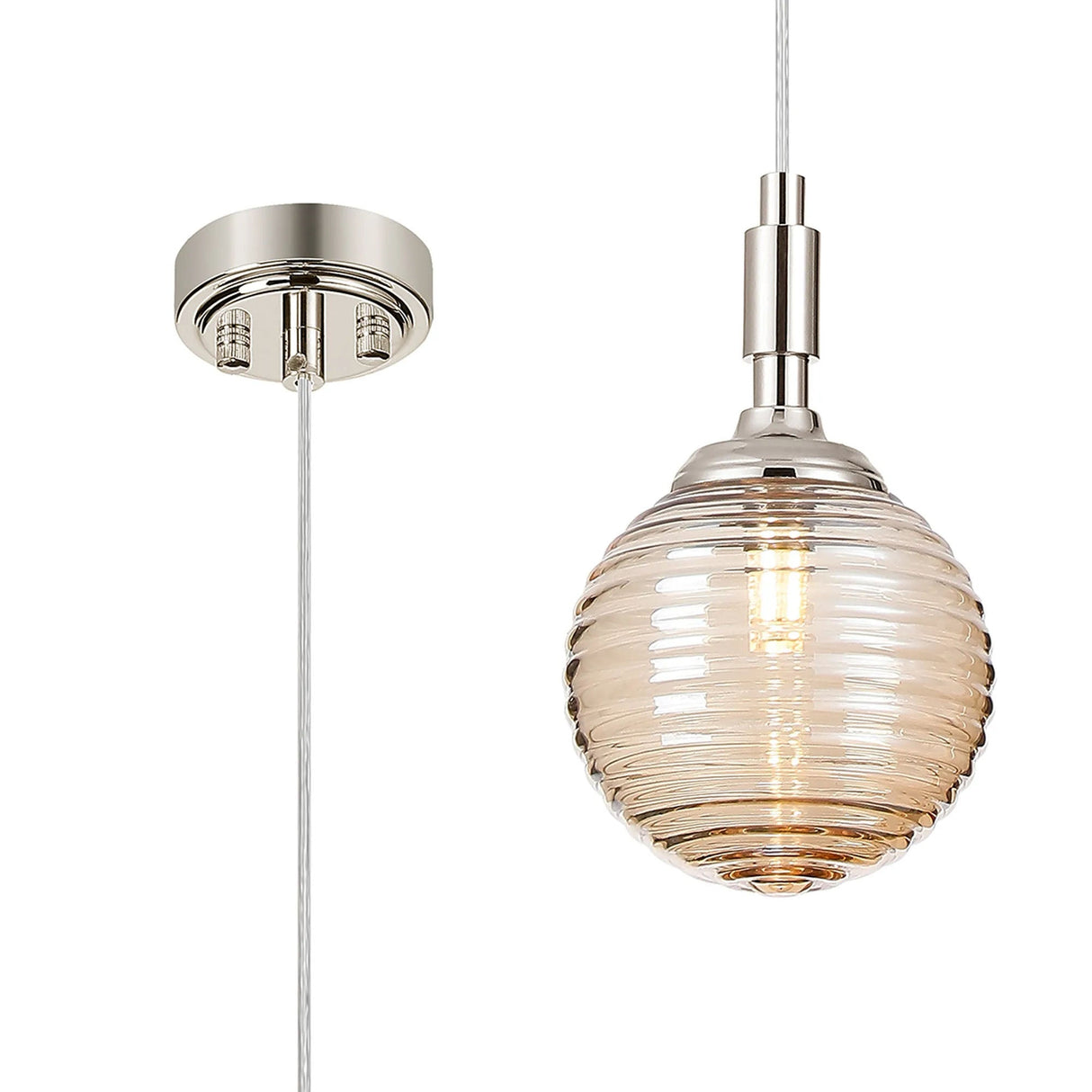 Bowles Pendant 1 Light IP44 Polished Nickel/Amber Ribbed Round Glass