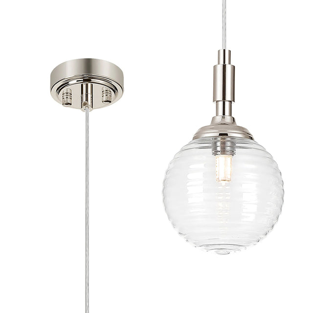 Bowles Pendant 1 Light IP44 Polished Nickel/Clear Ribbed Round Glass