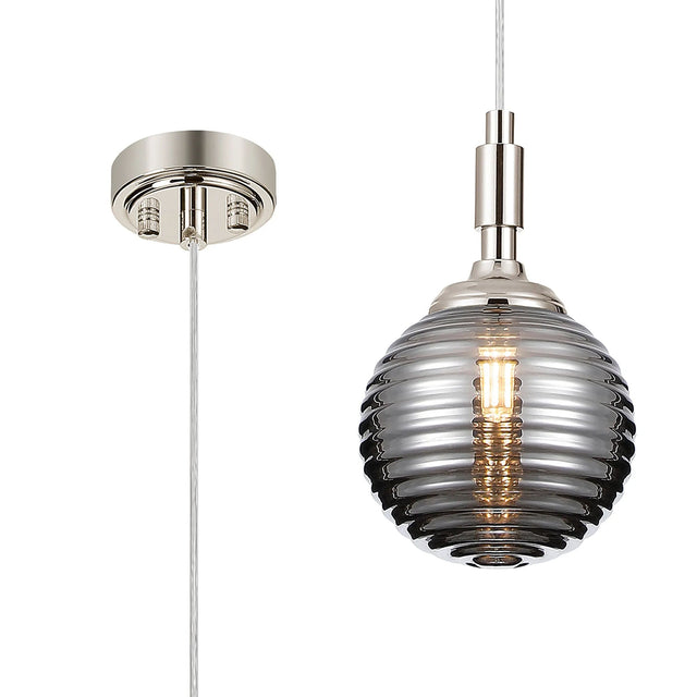 Bowles Pendant 1 Light IP44 Polished Nickel/Smoke Ribbed Round Glass