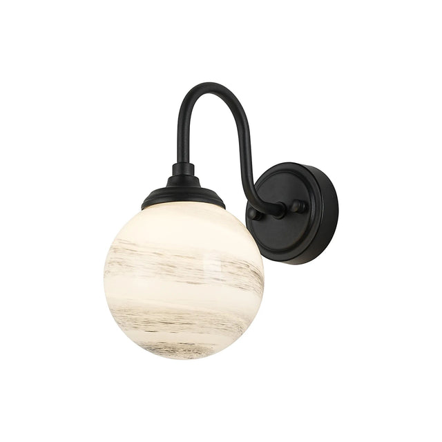 Bowles Curved Arm Wall Light 1 Light IP44 Satin Black/Grey/White Round Marble Effect Glass