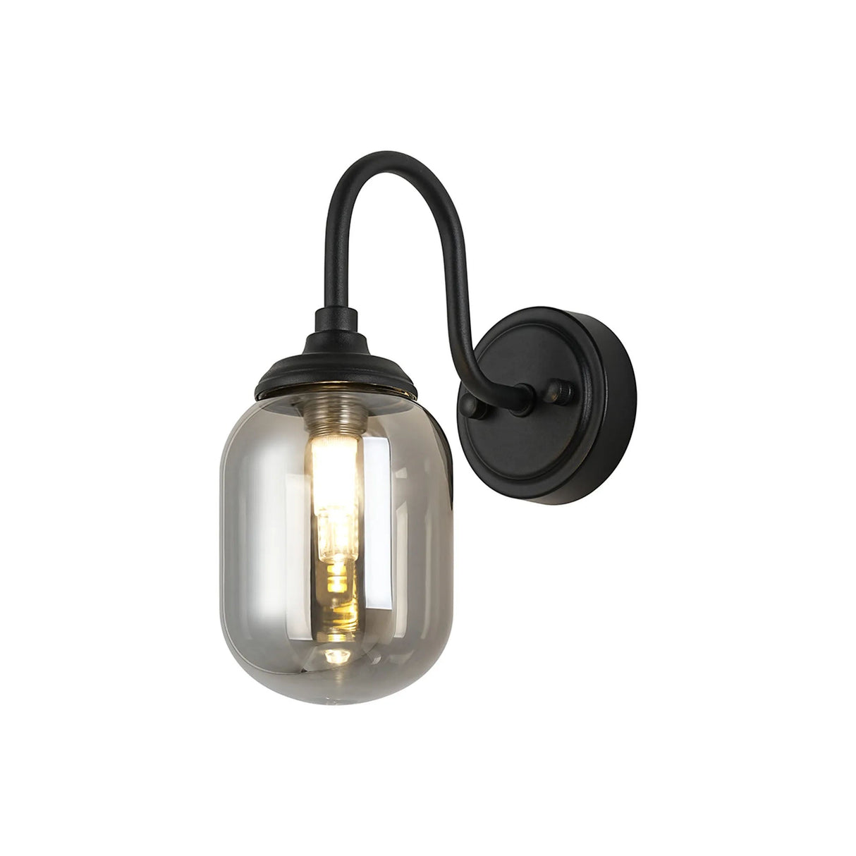 Bowles Curved Arm Wall Light 1 Light IP44 Satin Black/Smoke Smooth Tubular Glass