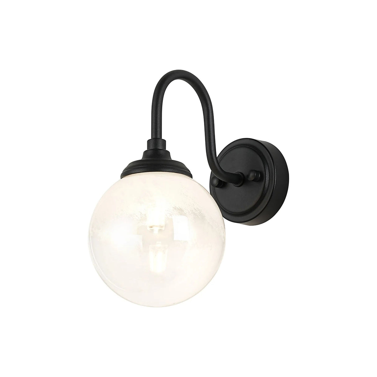 Bowles Curved Arm Wall Light 1 Light IP44 Satin Black/White Two-Tone Snow Specks Round Glass