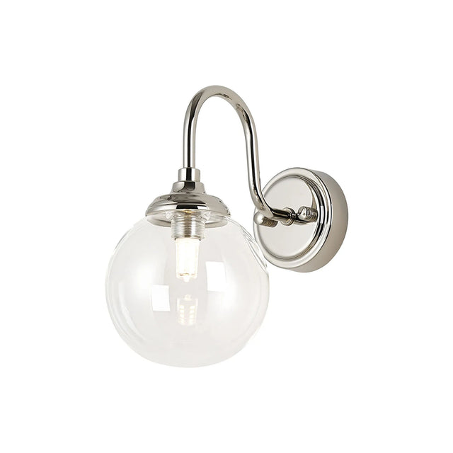 Bowles Curved Arm Wall Light 1 Light IP44 Polished Nickel/Clear Smooth Round Glass