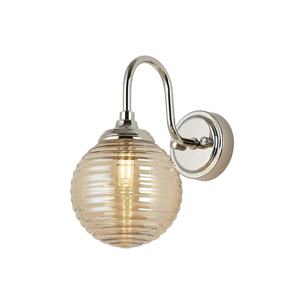 Bowles Curved Arm Wall Light 1 Light IP44 Polished Nickel/Amber Ribbed Round Glass
