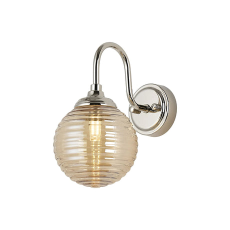Bowles Curved Arm Wall Light 1 Light IP44 Polished Nickel/Amber Ribbed Round Glass