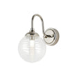 Bowles Curved Arm Wall Light 1 Light IP44 Polished Nickel/Clear Ribbed Round Glass