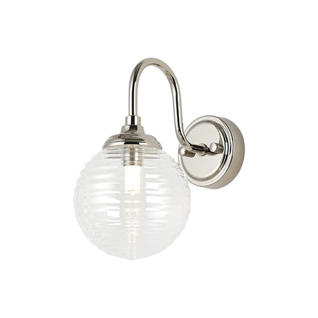 Bowles Curved Arm Wall Light 1 Light IP44 Polished Nickel/Clear Ribbed Round Glass