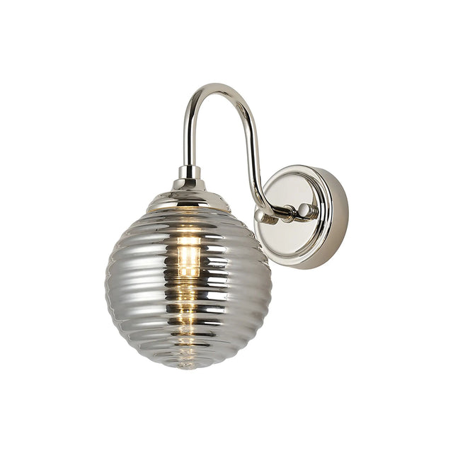 Bowles Curved Arm Wall Light 1 Light IP44 Polished Nickel/Smoke Ribbed Round Glass