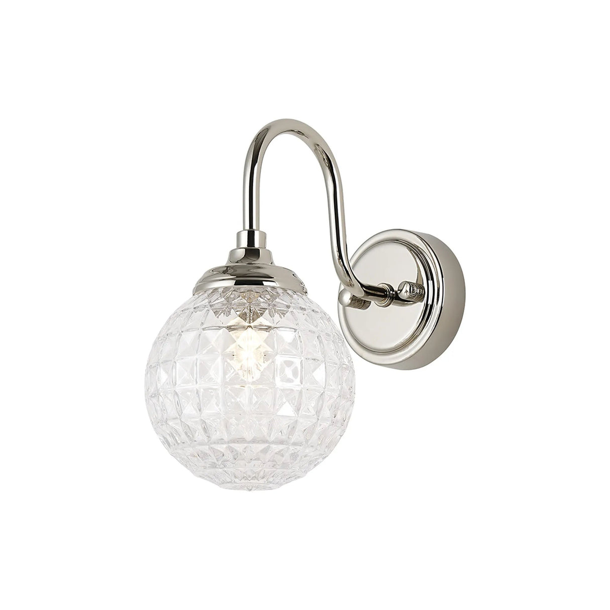 Bowles Curved Arm Wall Light 1 Light IP44 Polished Nickel/Clear Cross Pattern Round Glass