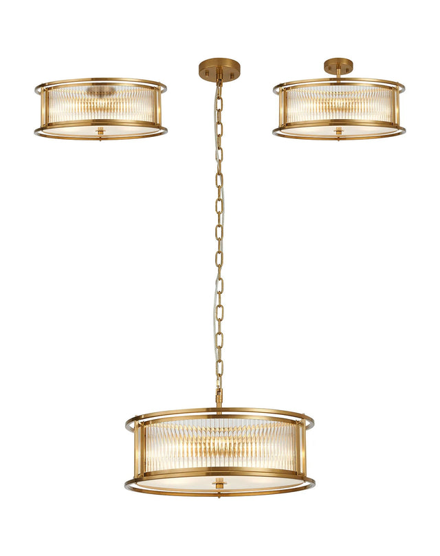 Brooking 50cm Round Flush/Semi Ceiling/Pendant Convertible, 6 x E14, Brass/Clear Glass