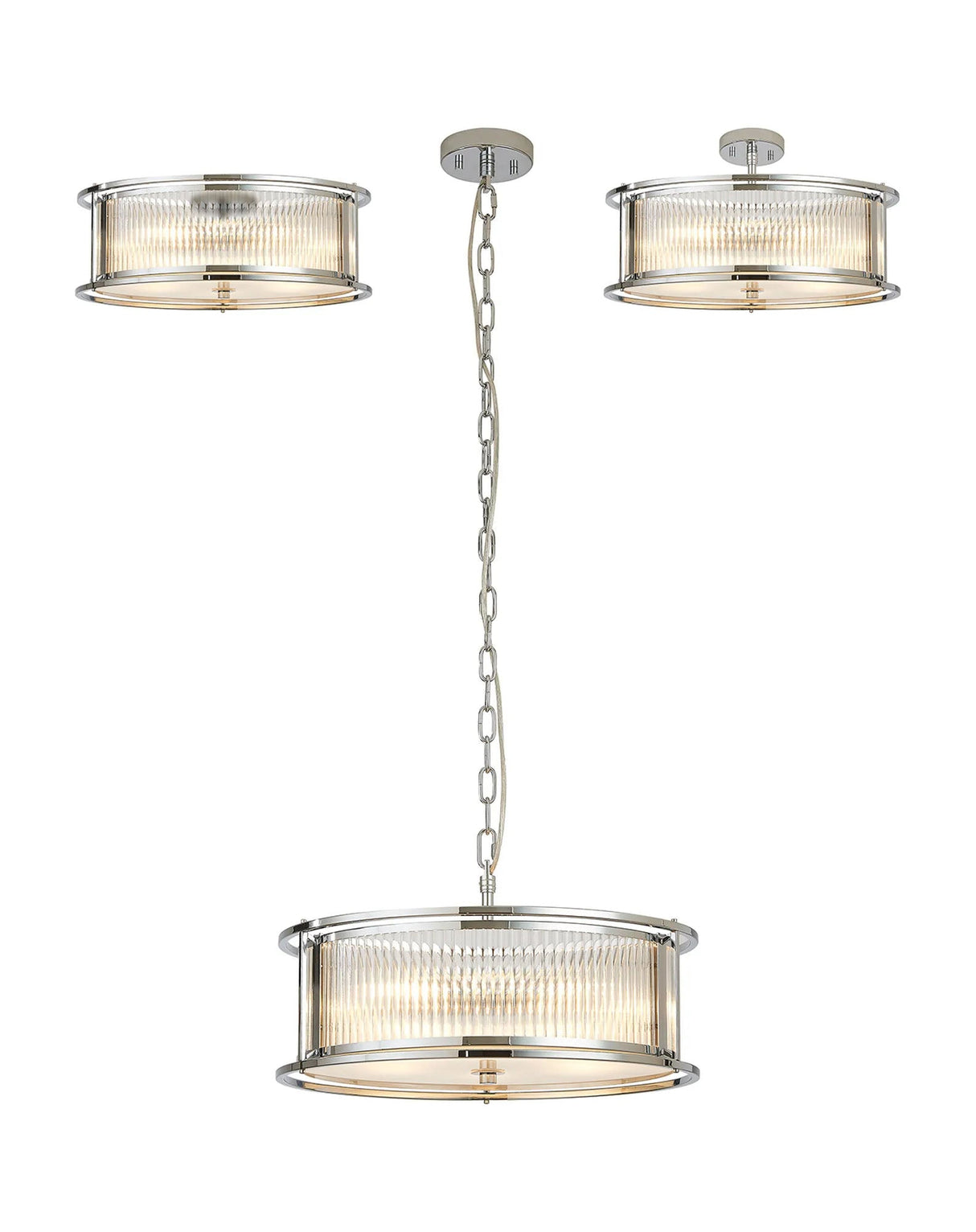 Brooking 50cm Round Flush/Semi Ceiling/Pendant Convertible, 6 x E14, Polished Chrome/Clear Glass