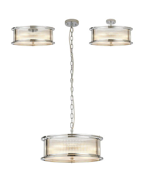 Brooking 50cm Round Flush/Semi Ceiling/Pendant Convertible, 6 x E14, Polished Chrome/Clear Glass