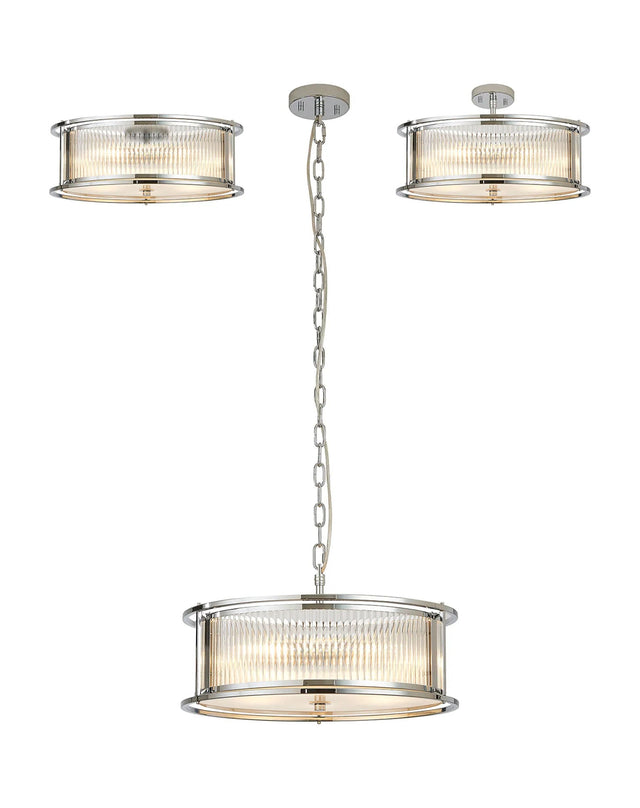 Brooking 50cm Round Flush/Semi Ceiling/Pendant Convertible, 6 x E14, Polished Chrome/Clear Glass