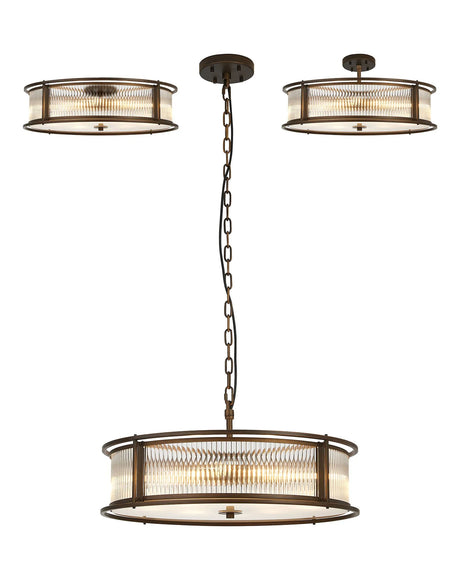 Brooking 65cm Round Flush/Semi Ceiling/Pendant Convertible, 8 x E14, Bronze/Clear Glass