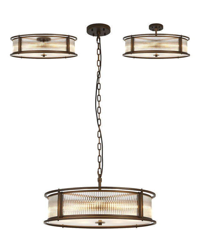 Brooking 65cm Round Flush/Semi Ceiling/Pendant Convertible, 8 x E14, Bronze/Clear Glass