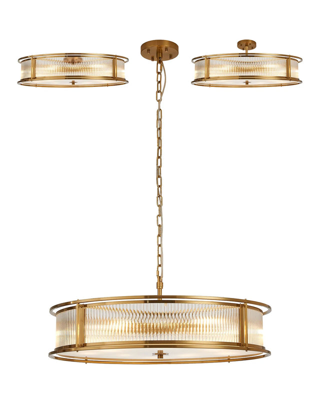 Brooking 80cm Round Flush/Semi Ceiling/Pendant Convertible, 10 x E14, Brass/Clear Glass