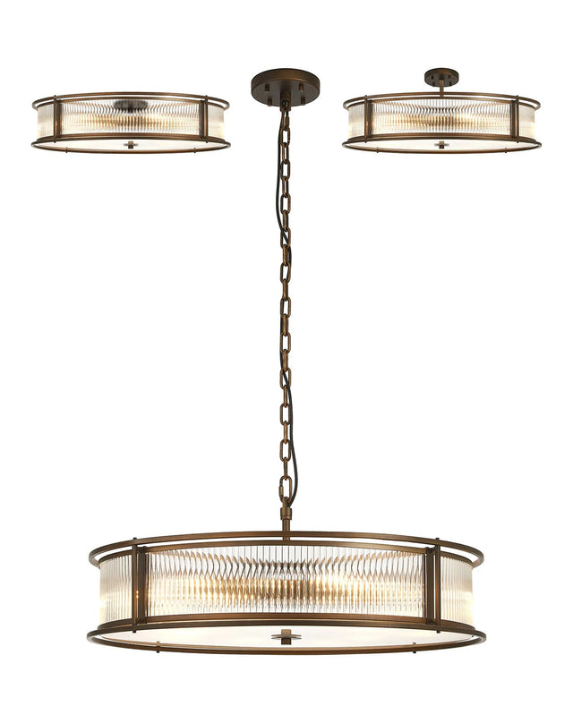 Brooking 80cm Round Flush/Semi Ceiling/Pendant Convertible, 10 x E14, Bronze/Clear Glass
