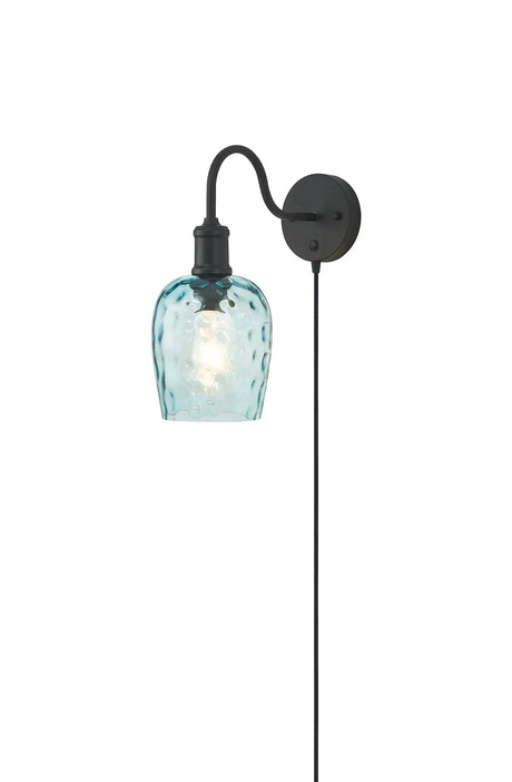Burstow Switched Curve Wall Light With Plug, 1 Light E27, Black/Blue Ripple Wine Glass Shade