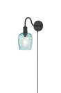 Burstow Switched Curve Wall Light With Plug, 1 Light E27, Black/Blue Ripple Wine Glass Shade